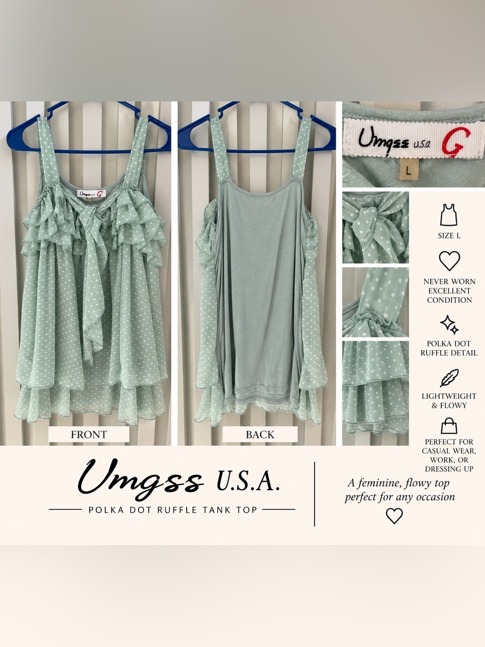 Women's Sage Green Polka Dot Ruffle Tank Top - L